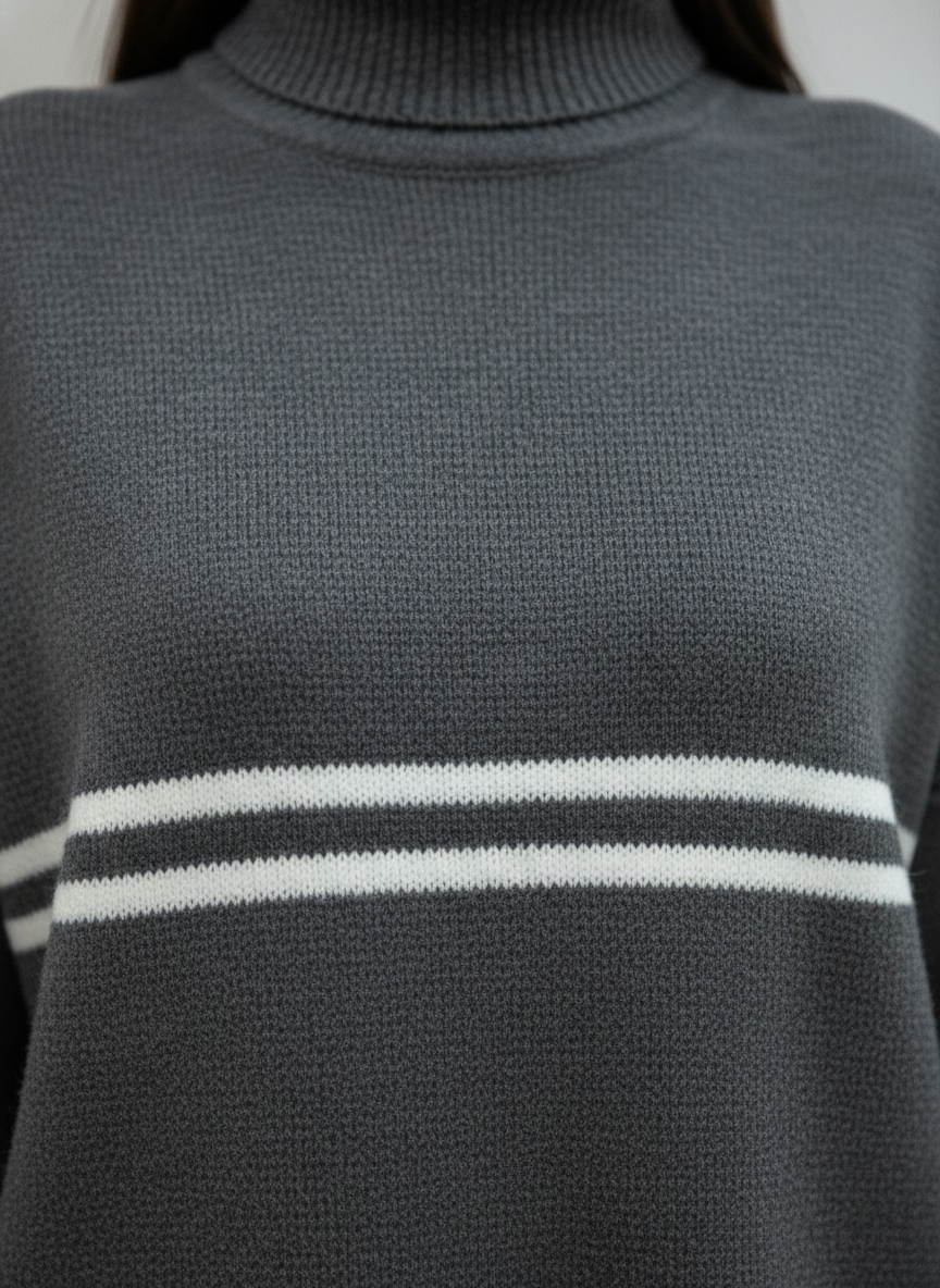 Çift Çizgi Detaylı Balıkçı Yaka Oversize Triko Takım