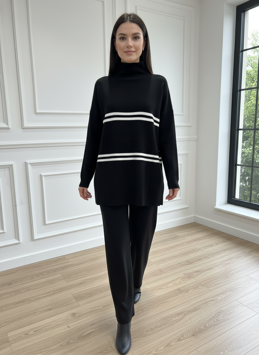 Çift Çizgi Detaylı Balıkçı Yaka Oversize Triko Takım