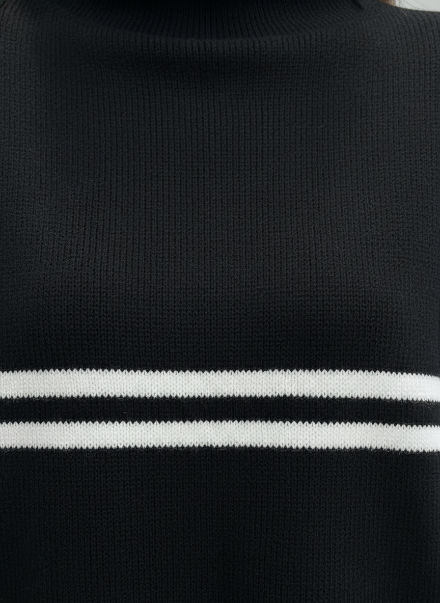 Çift Çizgi Detaylı Balıkçı Yaka Oversize Triko Takım