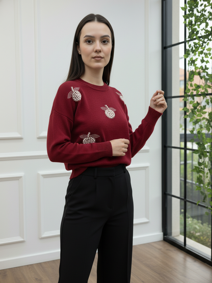 İnci Taşlı Elma Detaylı Triko Kazak