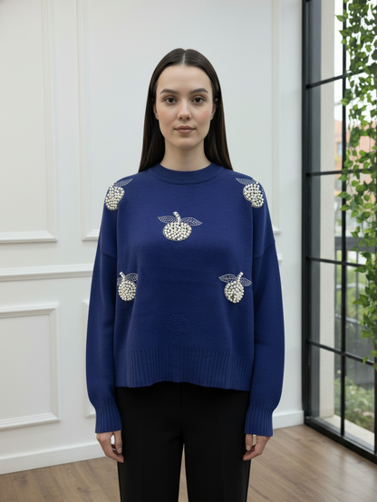 İnci Taşlı Elma Detaylı Triko Kazak