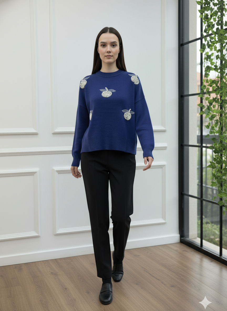 İnci Taşlı Elma Detaylı Triko Kazak