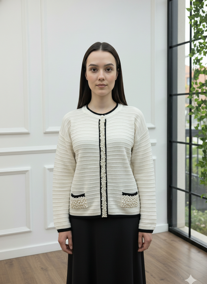 İnci Detaylı Fitilli Triko Hırka