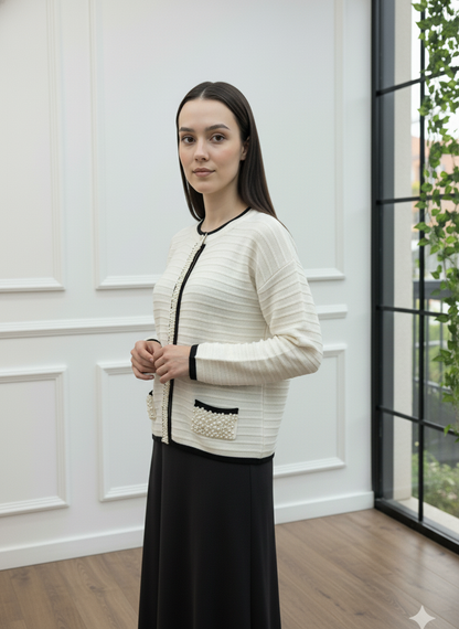 İnci Detaylı Fitilli Triko Hırka