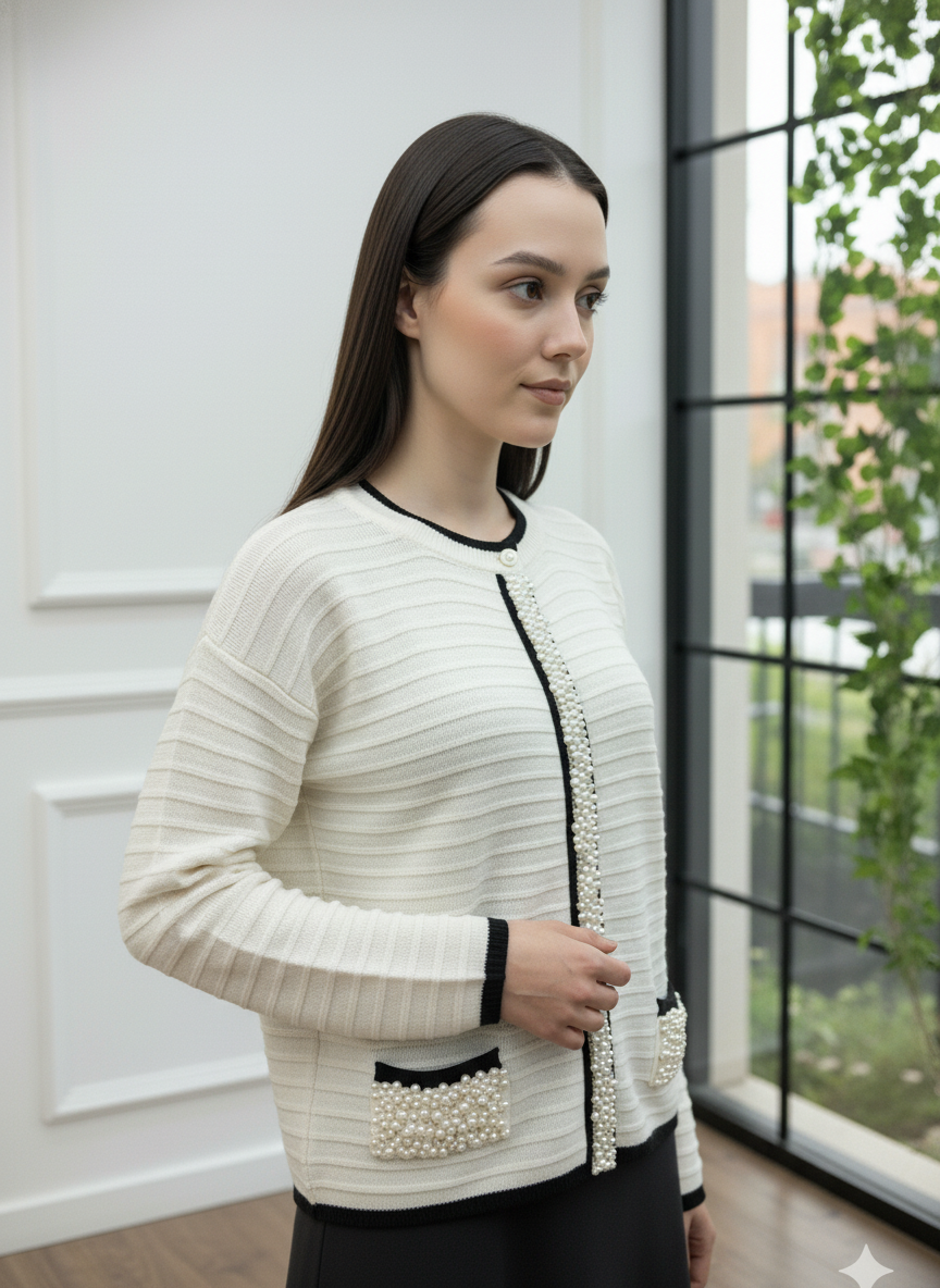 İnci Detaylı Fitilli Triko Hırka