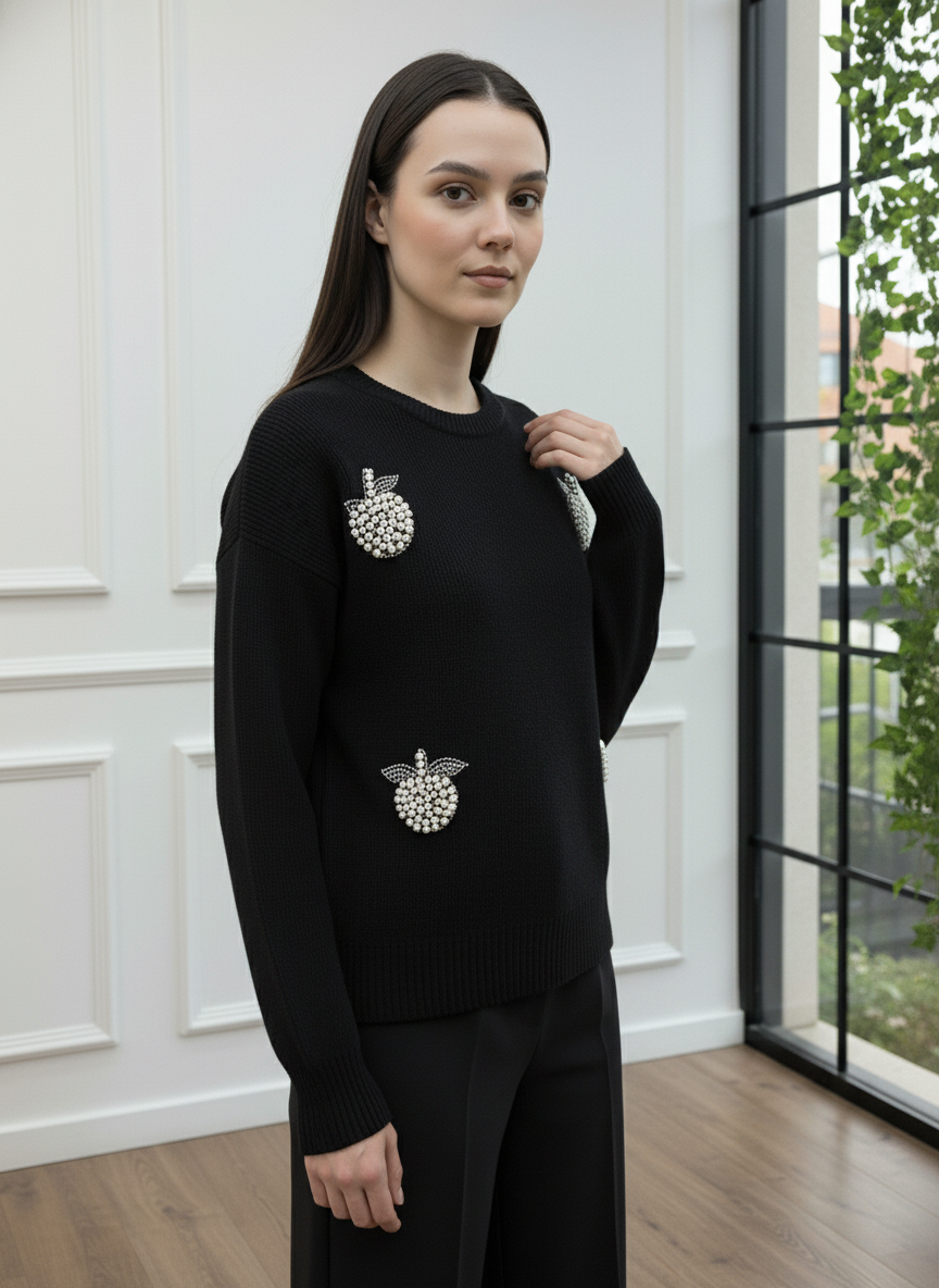 İnci Taşlı Elma Detaylı Triko Kazak