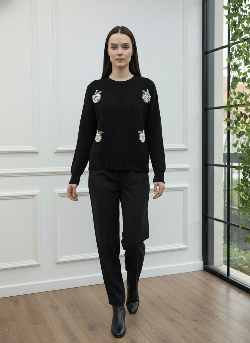 İnci Taşlı Elma Detaylı Triko Kazak