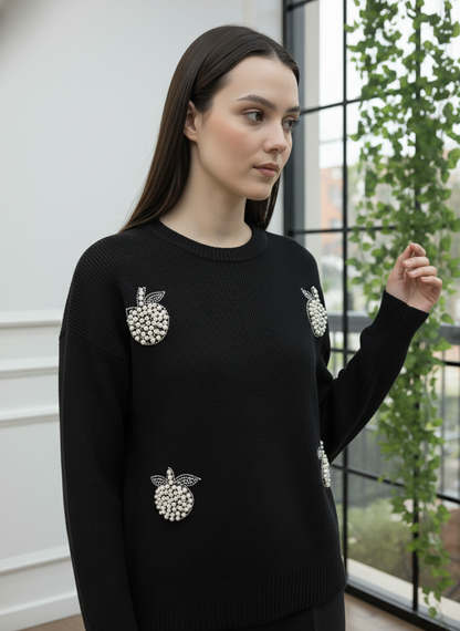 İnci Taşlı Elma Detaylı Triko Kazak