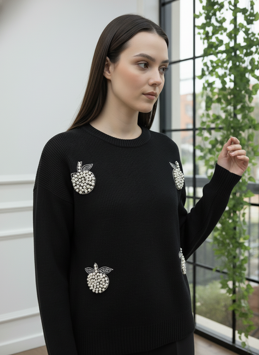 İnci Taşlı Elma Detaylı Triko Kazak