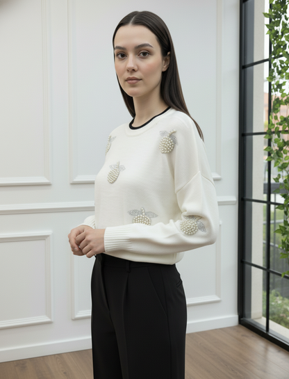 İnci Taşlı Elma Detaylı Triko Kazak