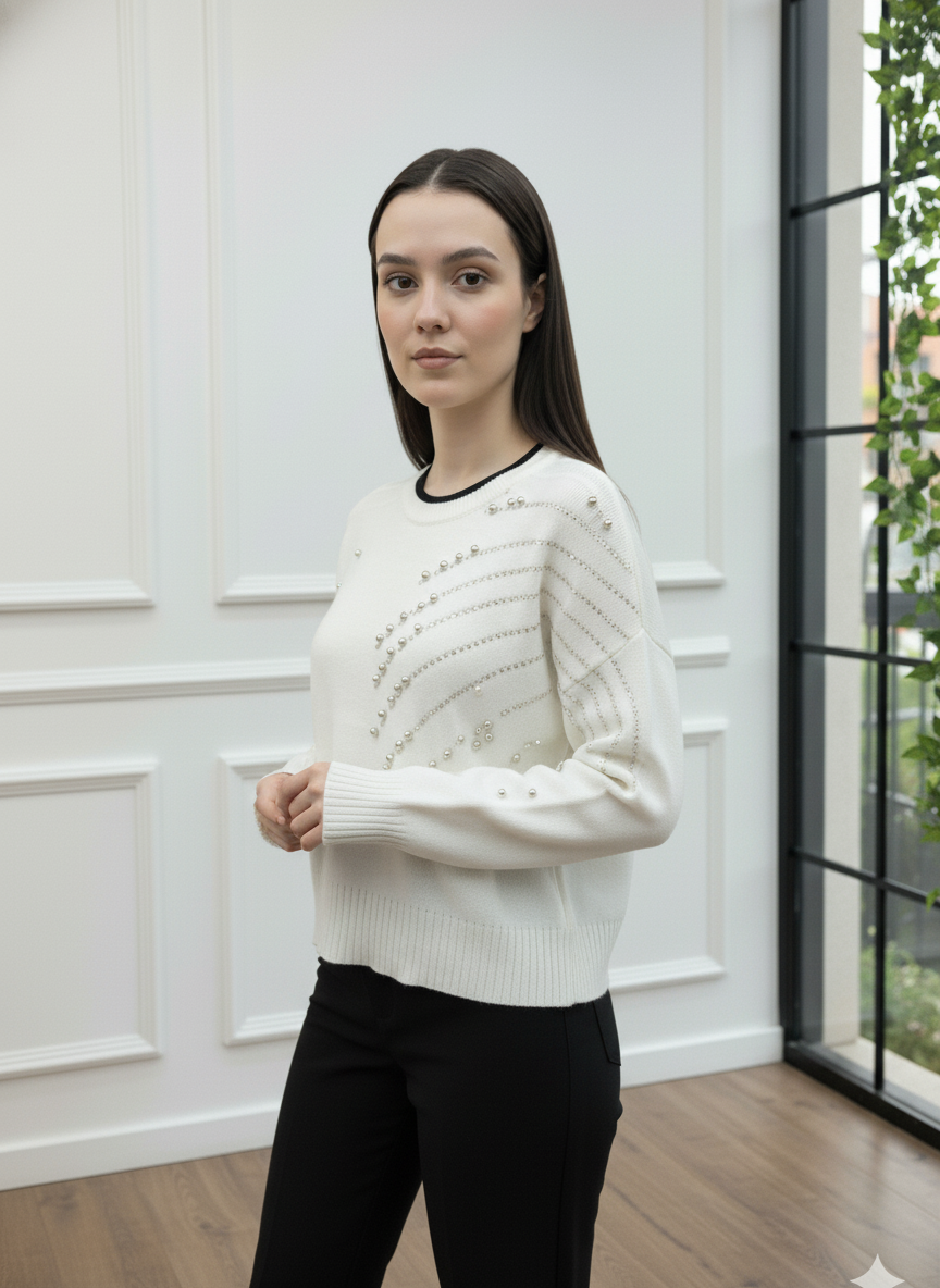 Omzu ve Kolu İnci İşlemeli Triko Kazak