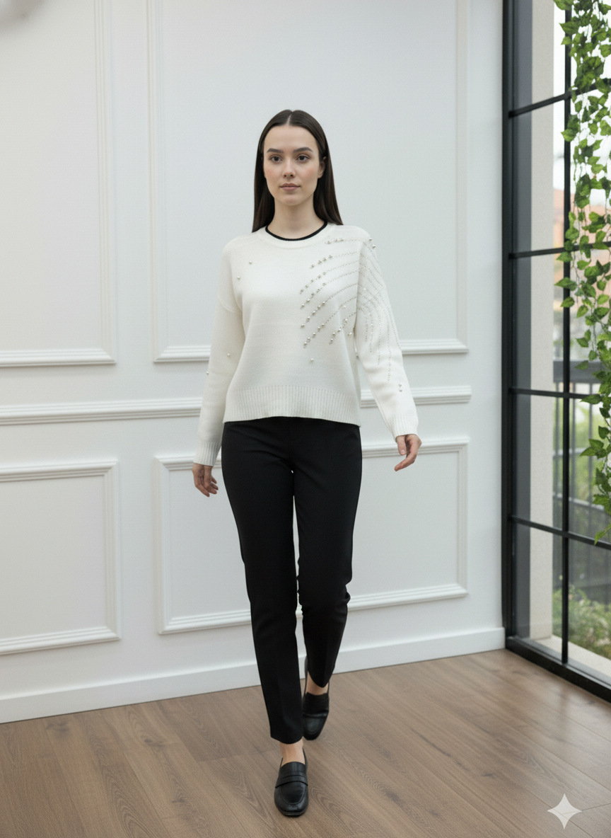 Omzu ve Kolu İnci İşlemeli Triko Kazak