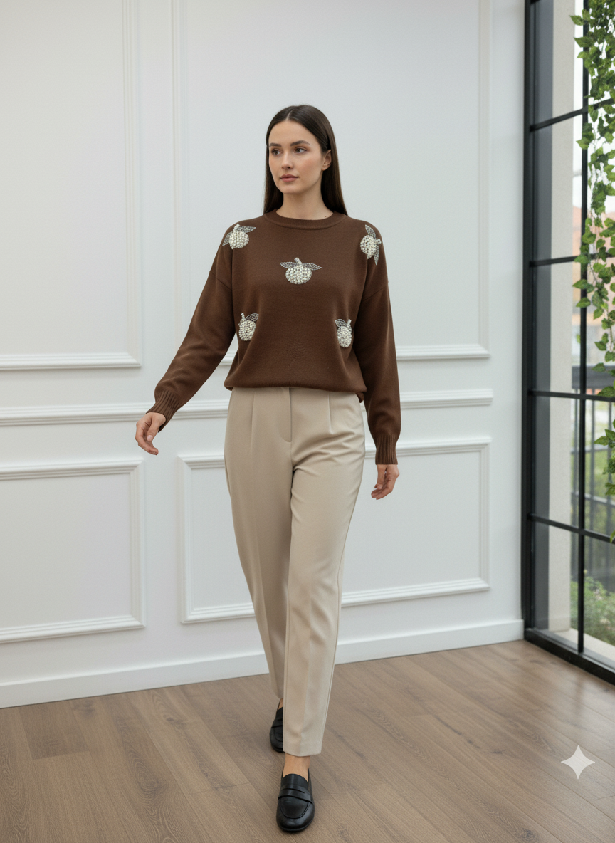 İnci Taşlı Elma Detaylı Triko Kazak