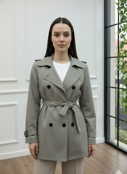 Kemerli Kruvaze Kısa Trençkot