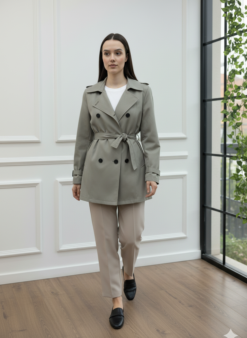 Kemerli Kruvaze Kısa Trençkot