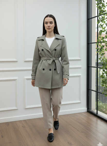 Kemerli Kruvaze Kısa Trençkot