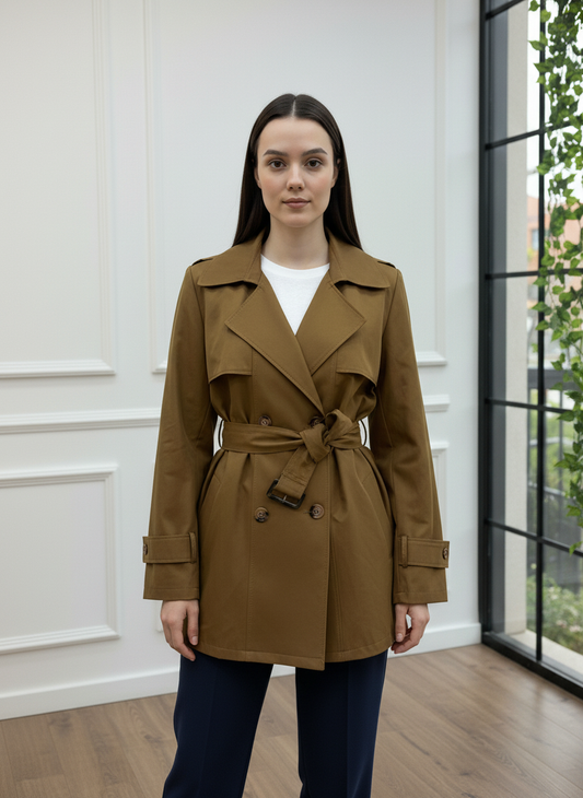 Kemerli Kruvaze Kısa Trençkot