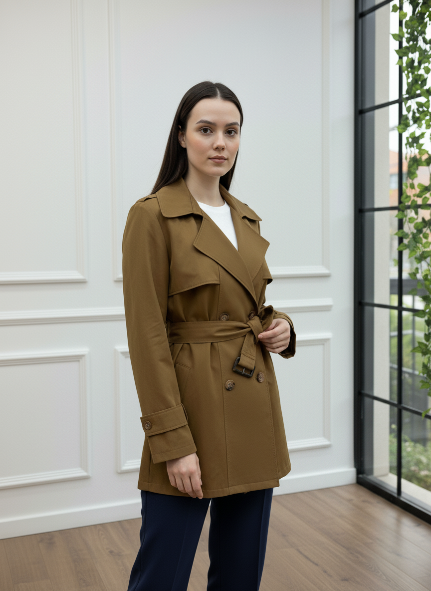 Kemerli Kruvaze Kısa Trençkot