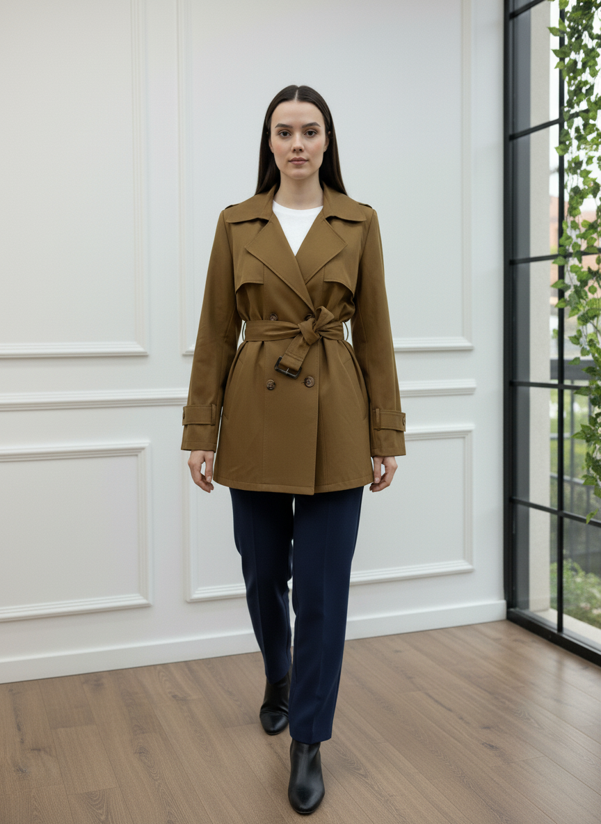 Kemerli Kruvaze Kısa Trençkot