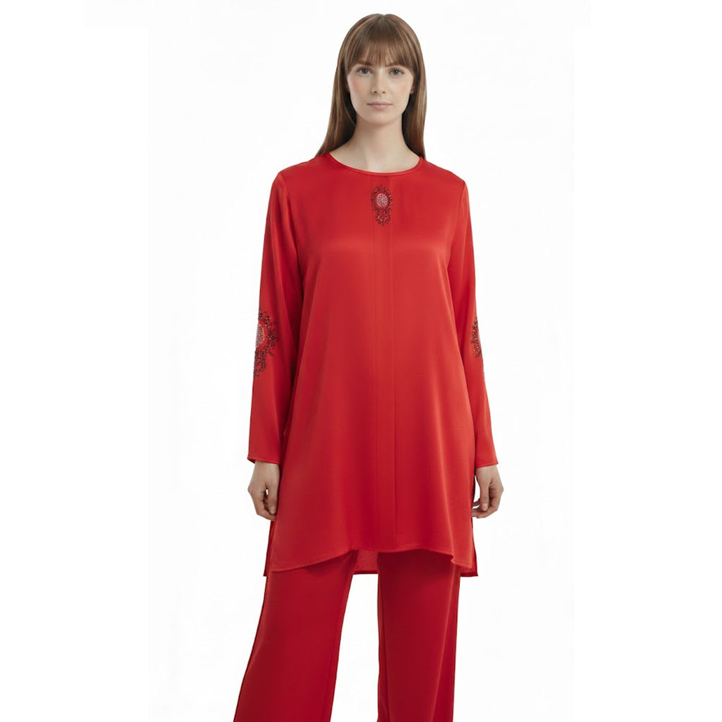 Yaka ve Kol Taş İşlemeli Manşetli Bordo İkili Takım