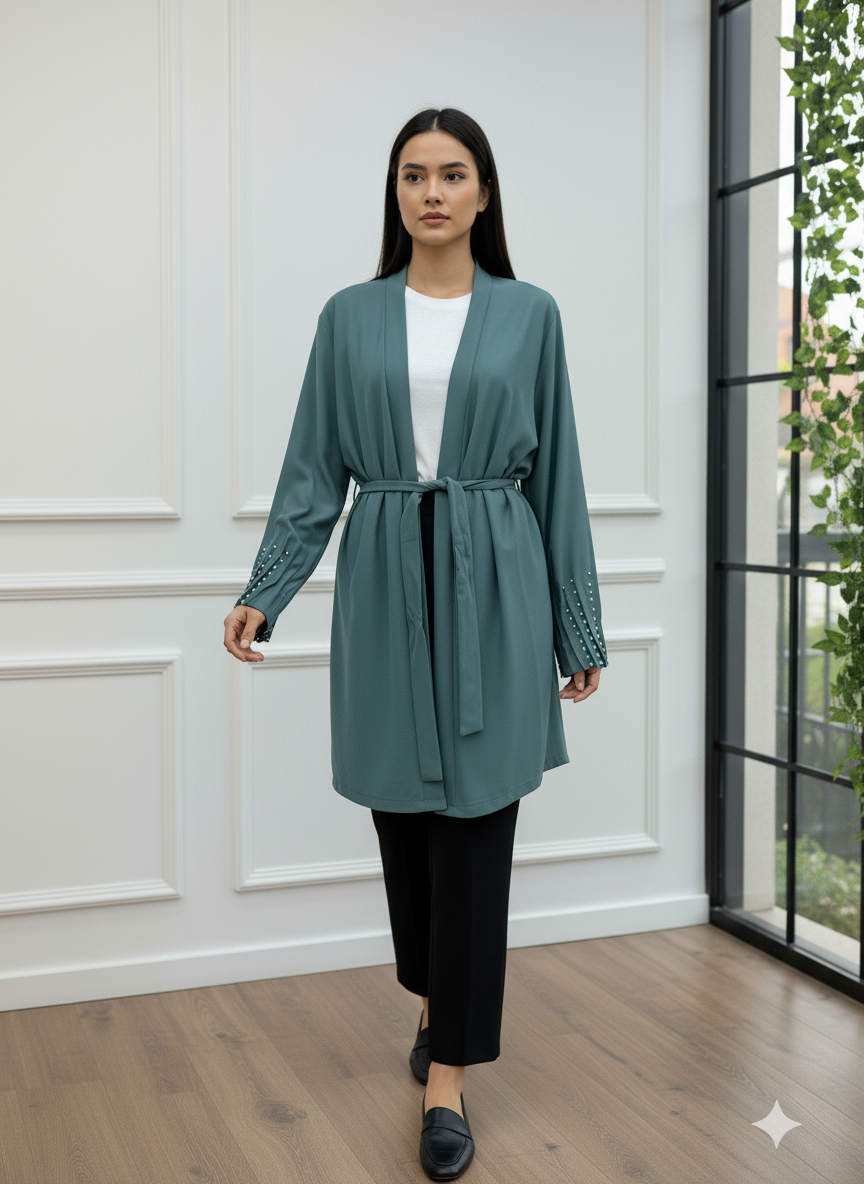 Kolları Taş İşlemeli Kemerli Kimono