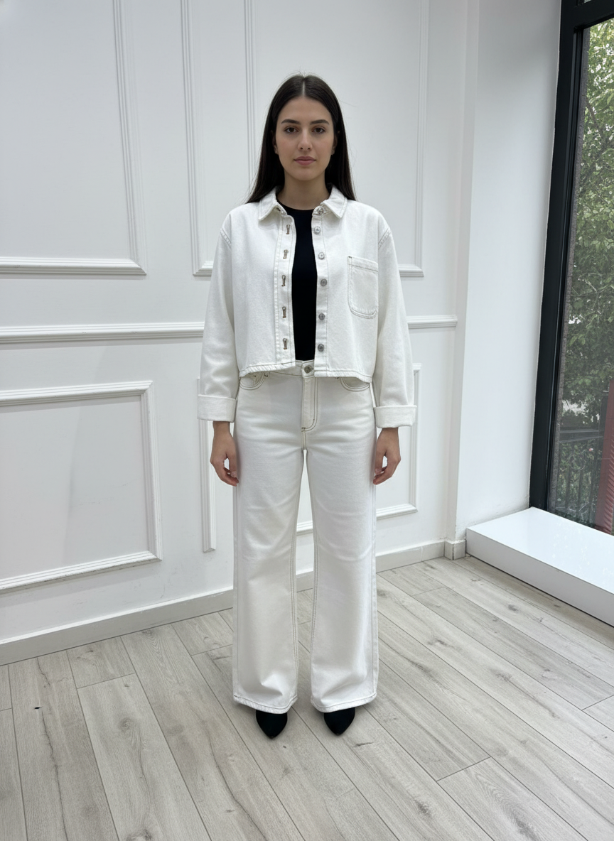 Kontrast Dikiş Detaylı Ekru Ceket & Pantolon Takım