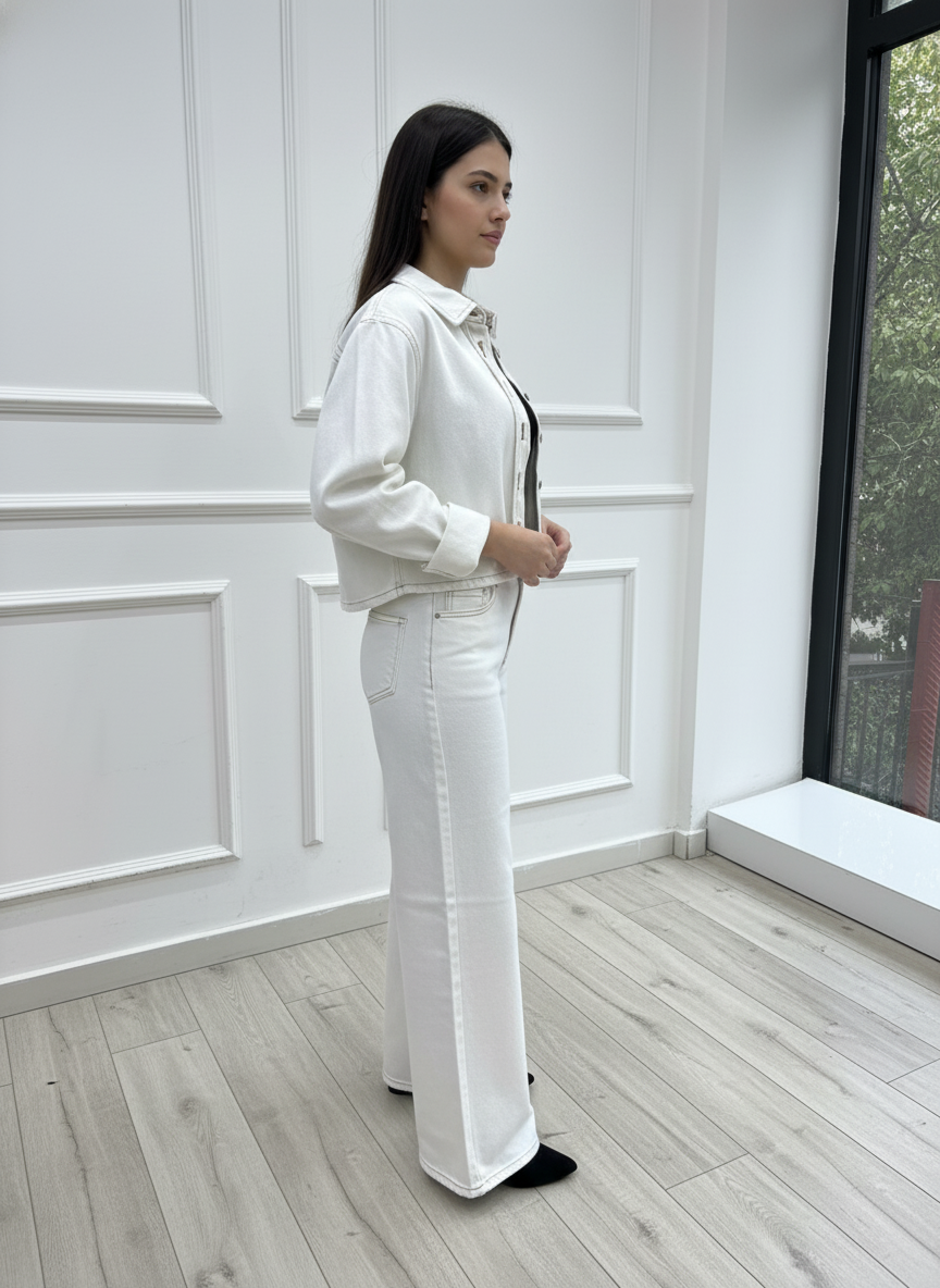 Kontrast Dikiş Detaylı Ekru Ceket & Pantolon Takım