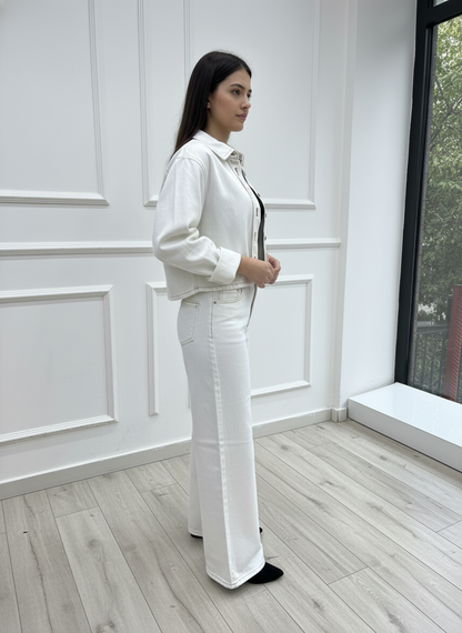 Kontrast Dikiş Detaylı Ekru Ceket & Pantolon Takım