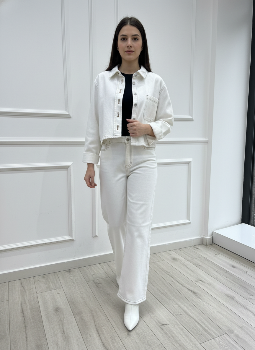 Kontrast Dikiş Detaylı Ekru Ceket & Pantolon Takım