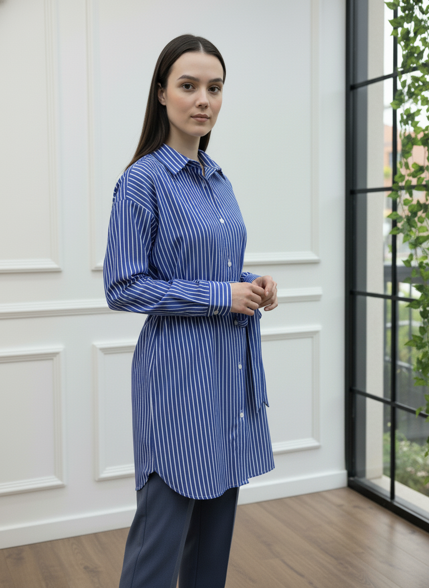 Beli Kuşaklı Çizgili Gömlek Tunik