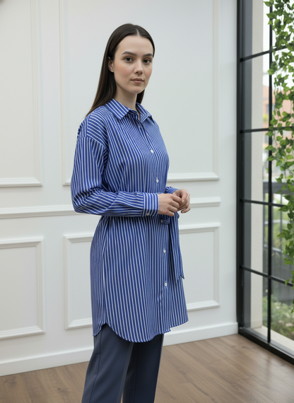 Beli Kuşaklı Çizgili Gömlek Tunik