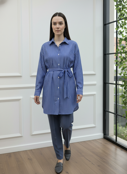 Beli Kuşaklı Çizgili Gömlek Tunik