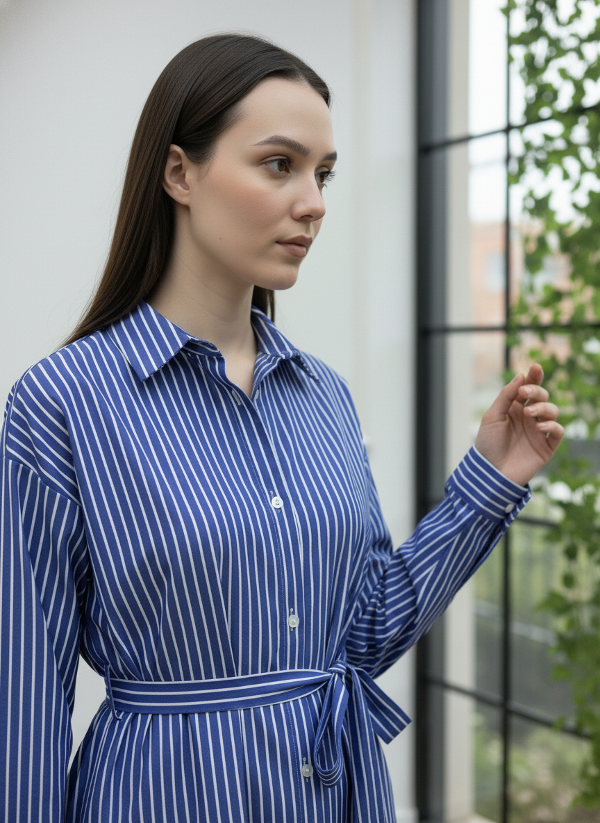 Beli Kuşaklı Çizgili Gömlek Tunik