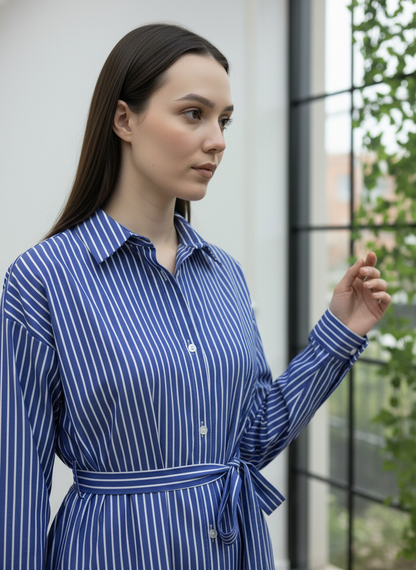 Beli Kuşaklı Çizgili Gömlek Tunik