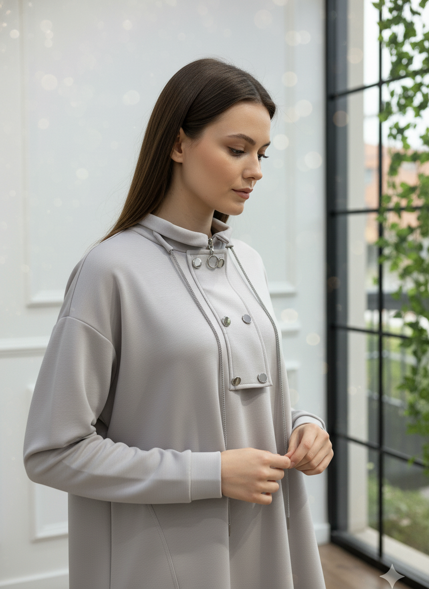 Metal Düğme ve Zincir Detaylı Yüksek Yaka Gri Takım