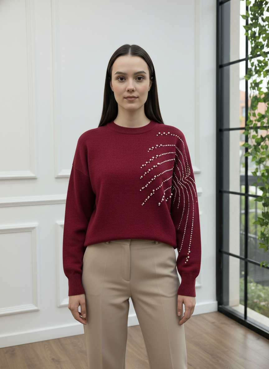 Omzu ve Kolu İnci İşlemeli Triko Kazak