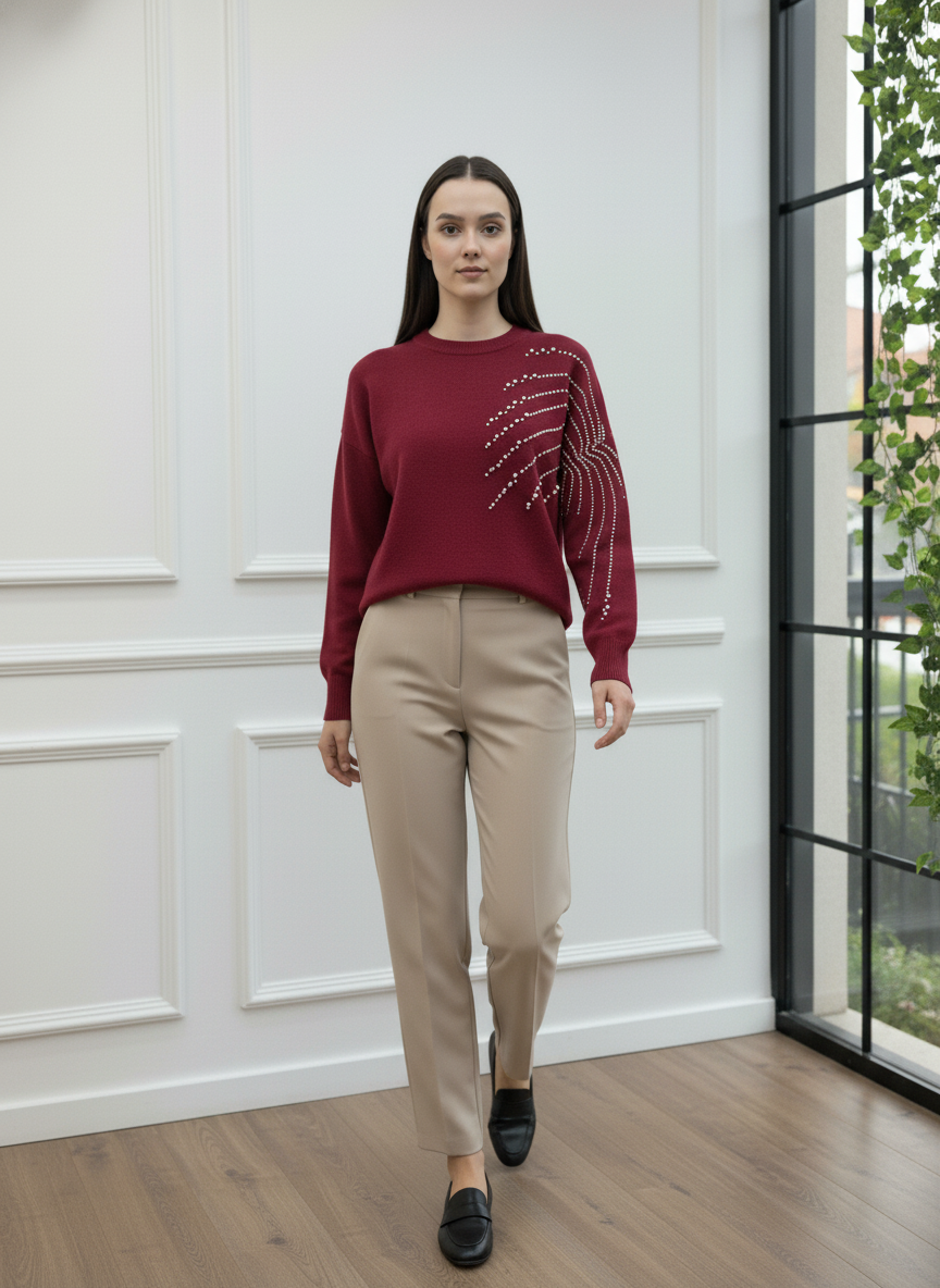 Omzu ve Kolu İnci İşlemeli Triko Kazak