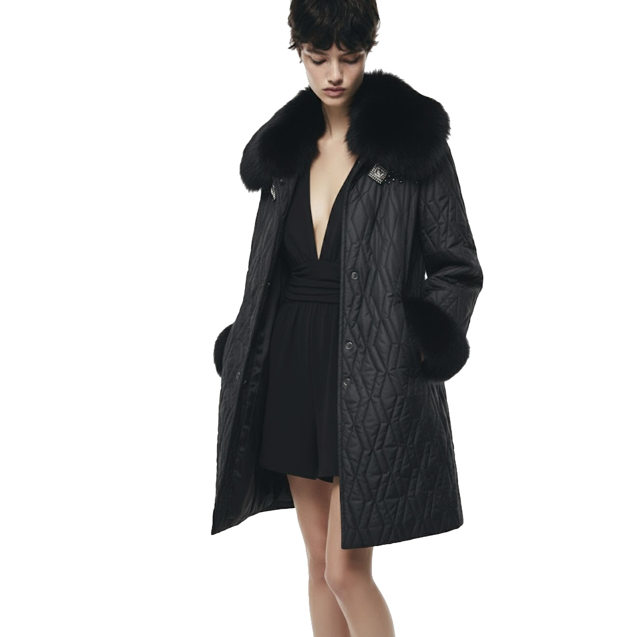 Omzu Taşlı Kapitone Mont