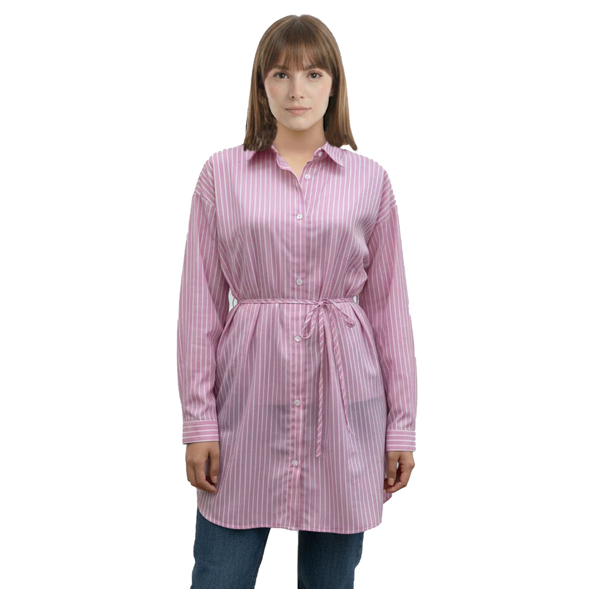 Beli Kuşaklı Çizgili Gömlek Tunik