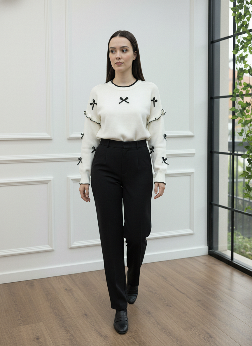 Fiyonk ve Fırfır Detaylı Triko Kazak