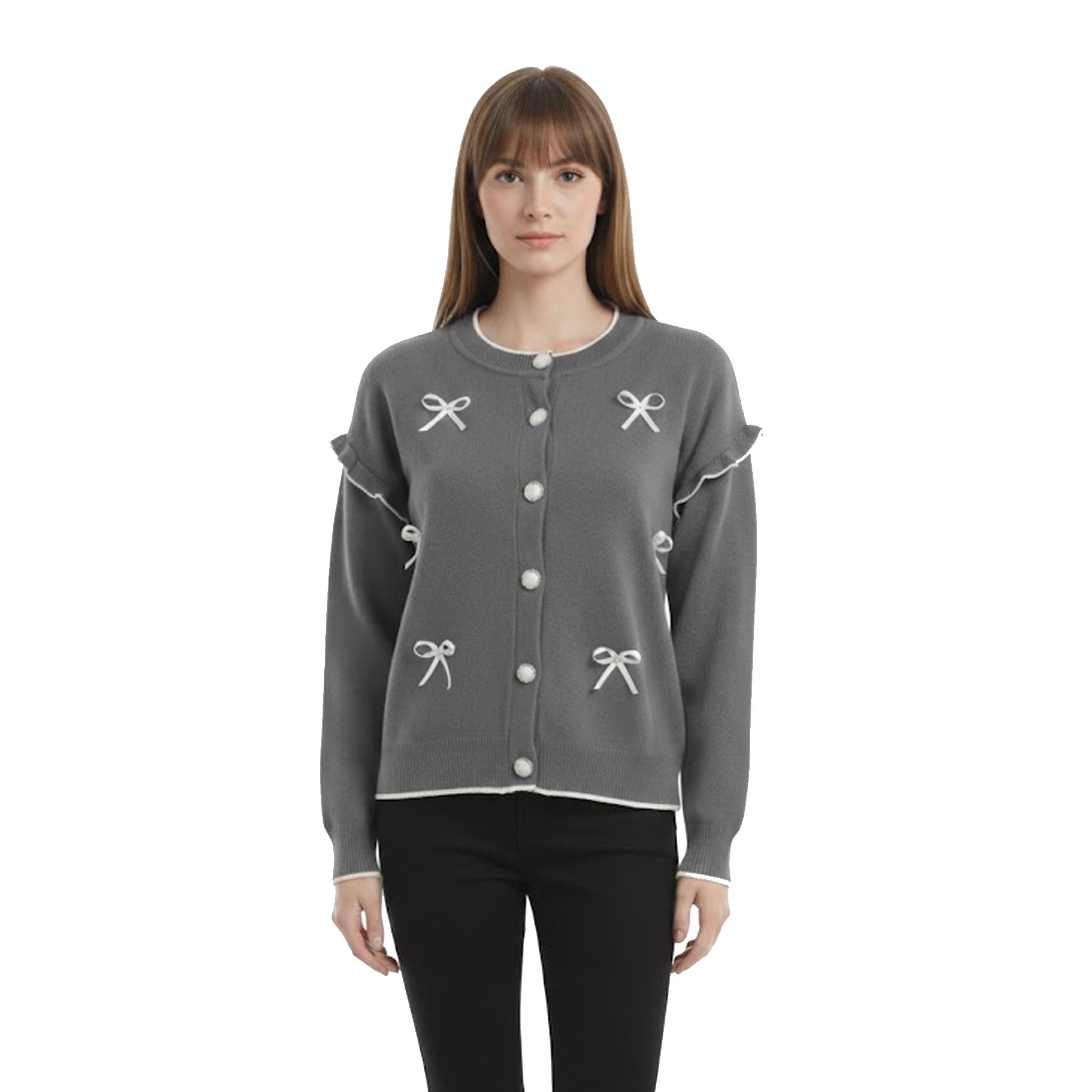 Fiyonk ve Fırfır Detaylı Triko Gri Hırka