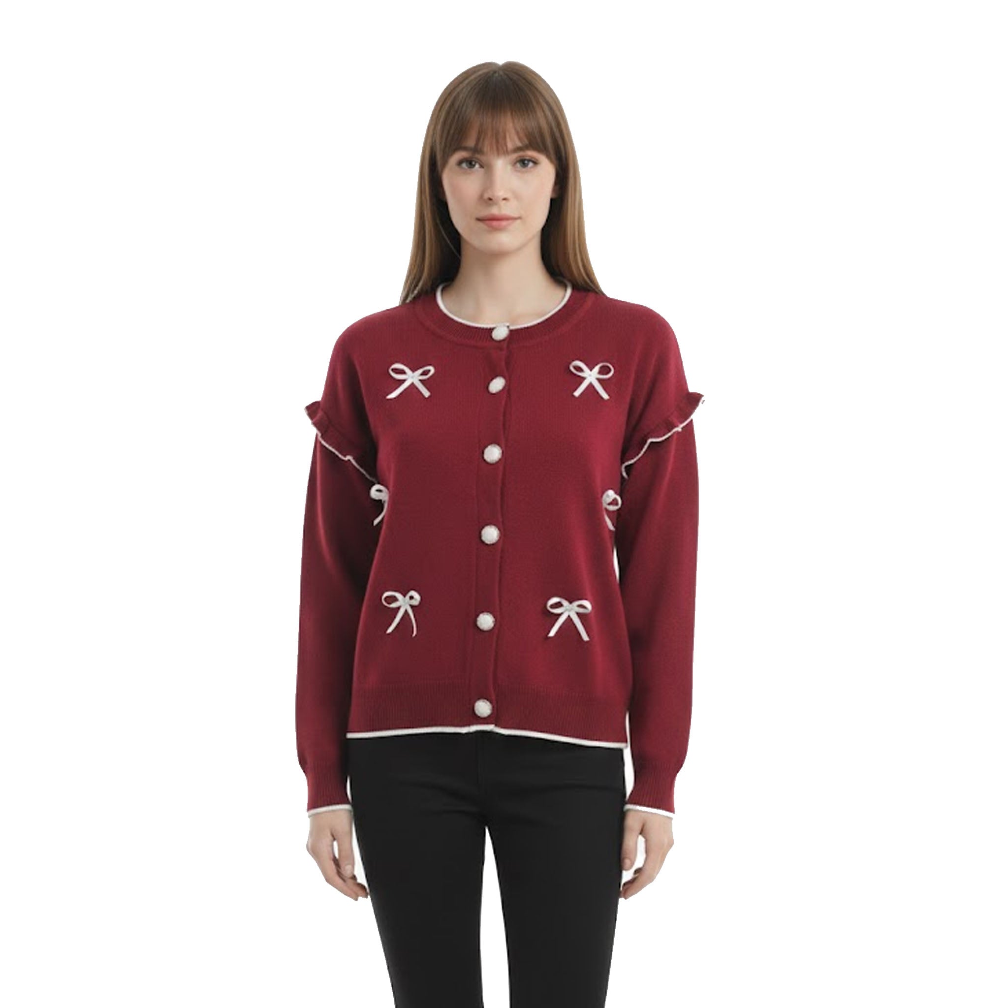 Fiyonk ve Fırfır Detaylı Triko Kırmızı Hırka