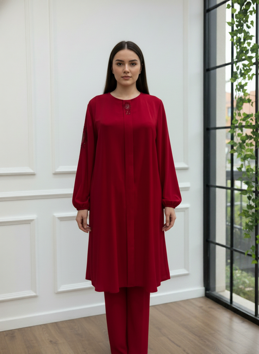 Yaka ve Kol Taş İşlemeli Manşetli Bordo İkili Takım