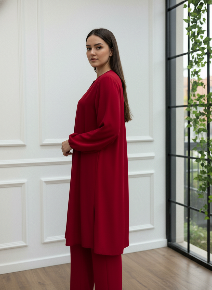 Yaka ve Kol Taş İşlemeli Manşetli Bordo İkili Takım