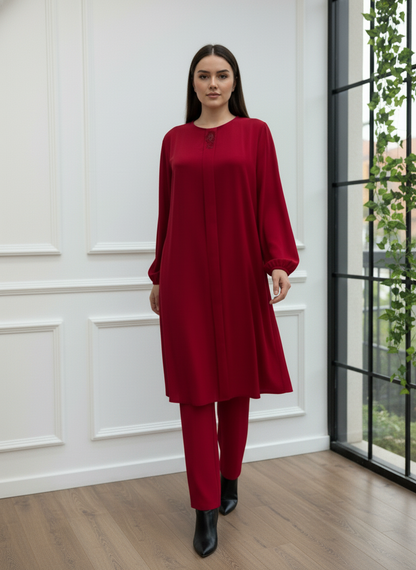 Yaka ve Kol Taş İşlemeli Manşetli Bordo İkili Takım