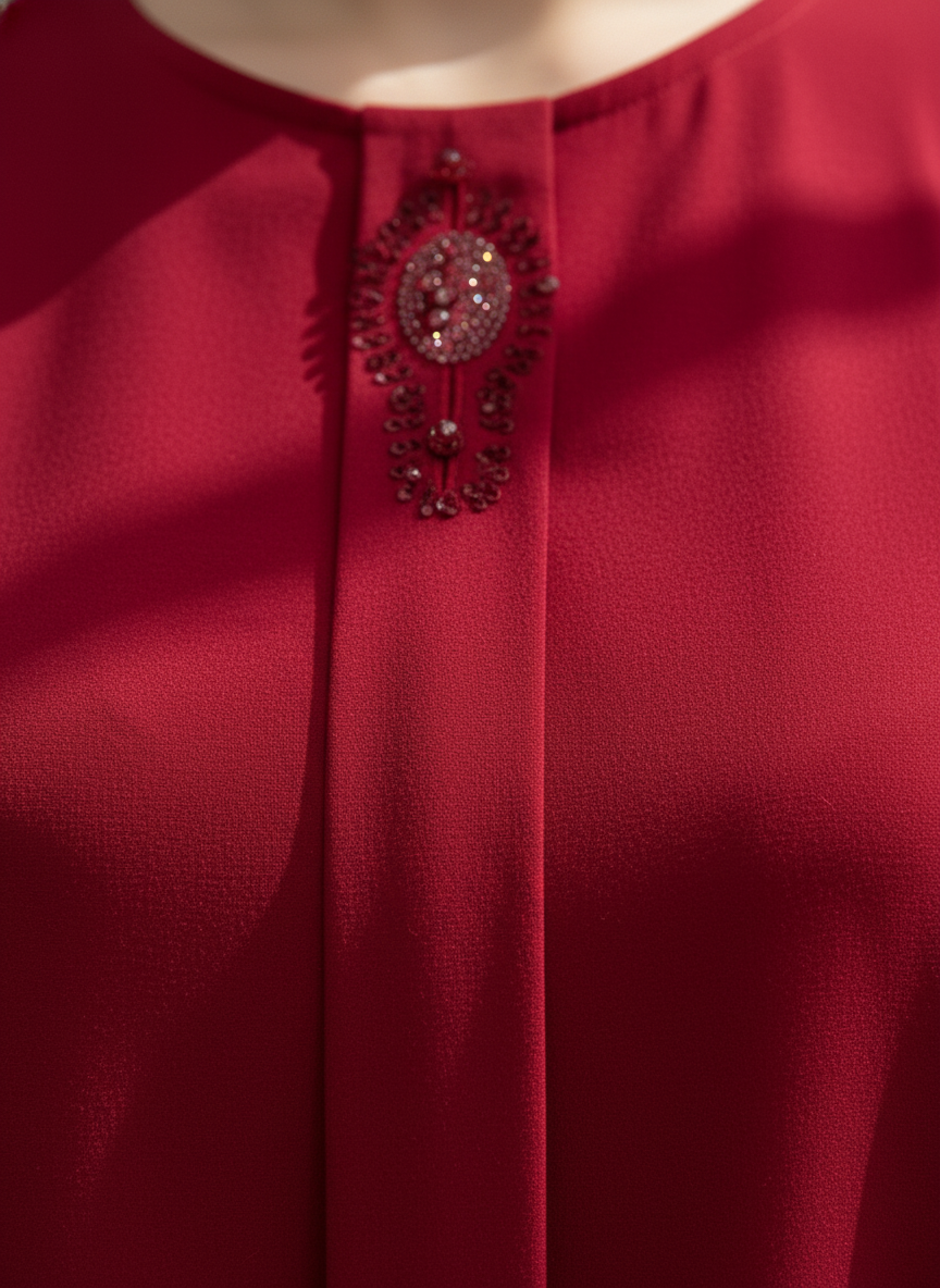 Yaka ve Kol Taş İşlemeli Manşetli Bordo İkili Takım