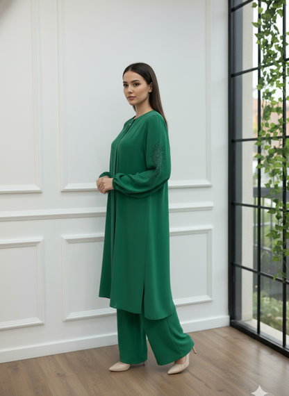 Yaka ve Kol Taş İşlemeli Manşetli Bordo İkili Takım