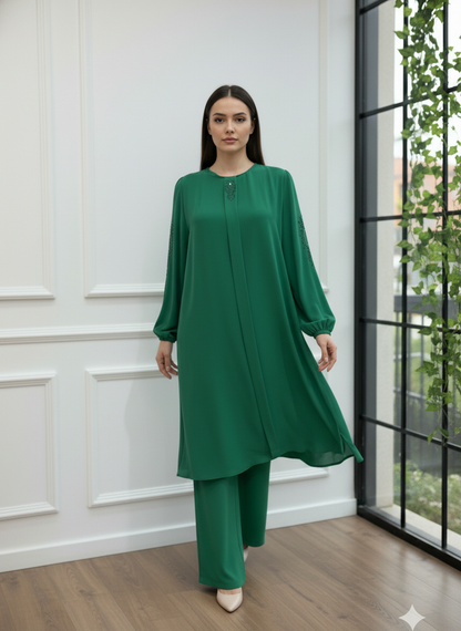 Yaka ve Kol Taş İşlemeli Manşetli Bordo İkili Takım