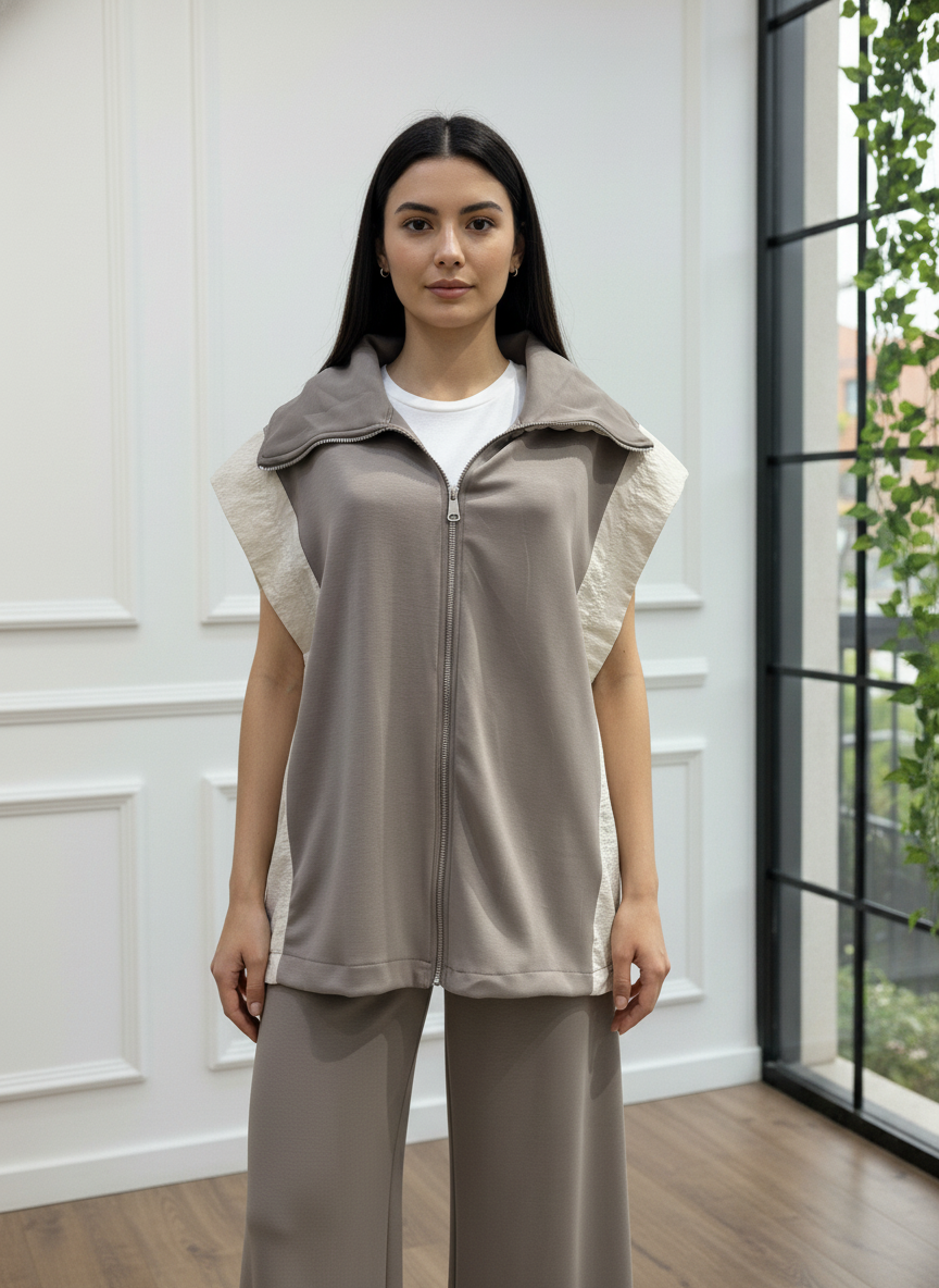 Omuzları Paraşüt Kumaş Detaylı Fermuarlı Takım