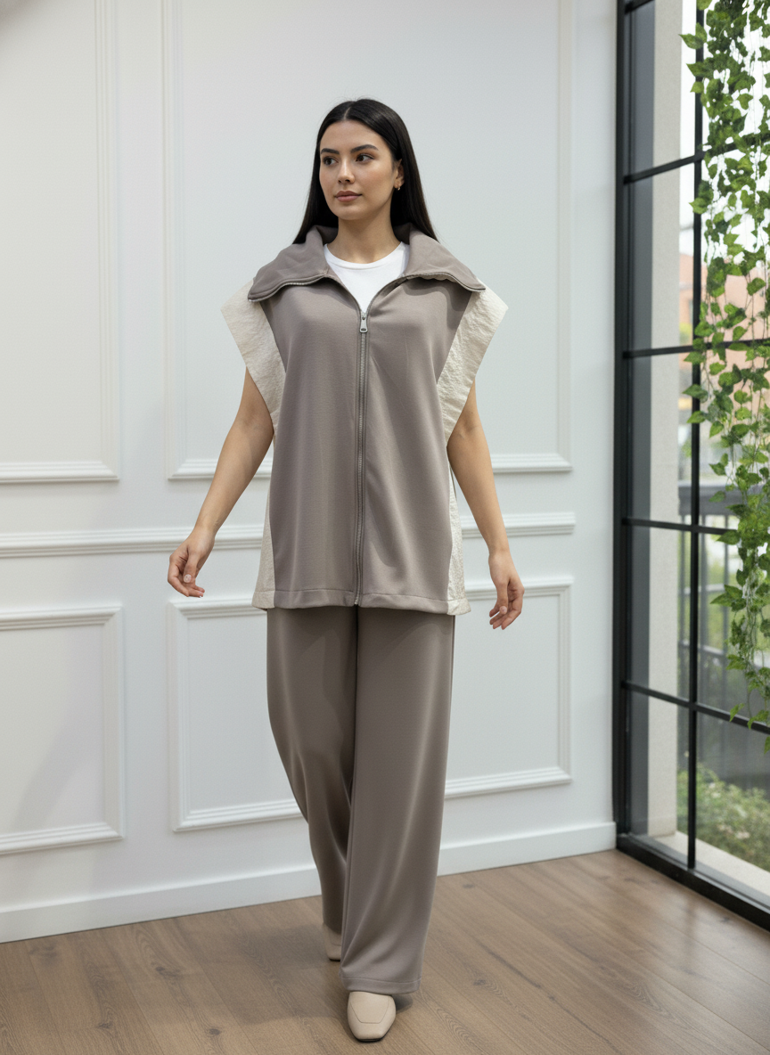 Omuzları Paraşüt Kumaş Detaylı Fermuarlı Takım